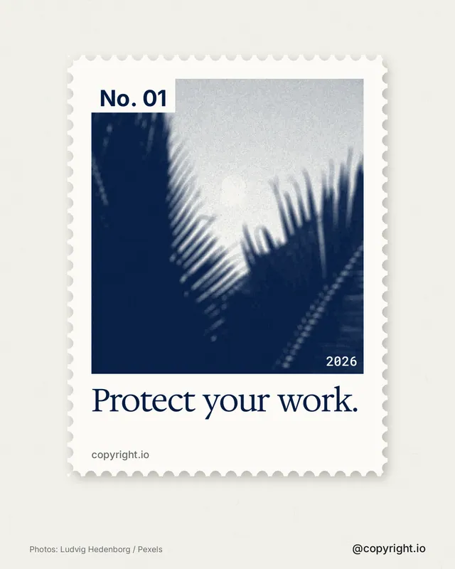 Instagram portrait post for copyright.io: "Protect your work." Single style, technique:stamp series layout, light palette in white, blue.