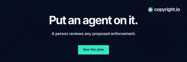 X header for copyright.io: "Put an agent on it." Swiss style, centred layout, dark palette in black, blue.