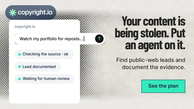 Landscape graphic for copyright.io: "Your content is being stolen. Put an agent on it." Ink sticker style, right layout, light palette in white, grey.