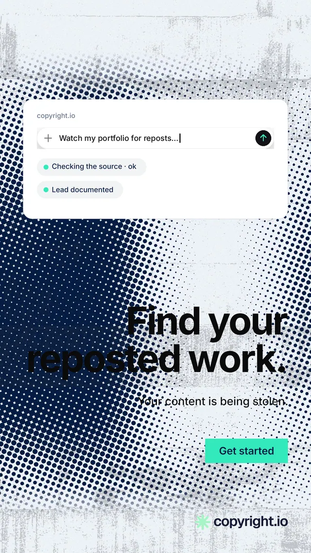 Instagram story for copyright.io: "Find your reposted work." Swiss style, right layout, light palette in blue, grey, white.