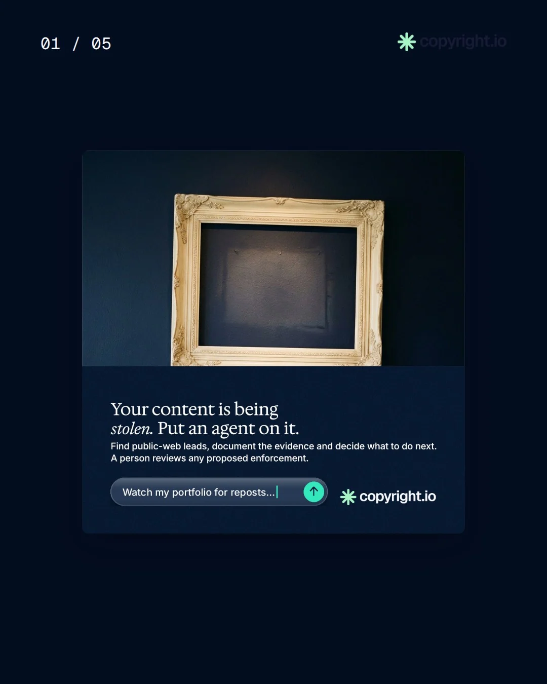 Video for copyright.io. Ad flipbook, 7.5 s, dark palette.