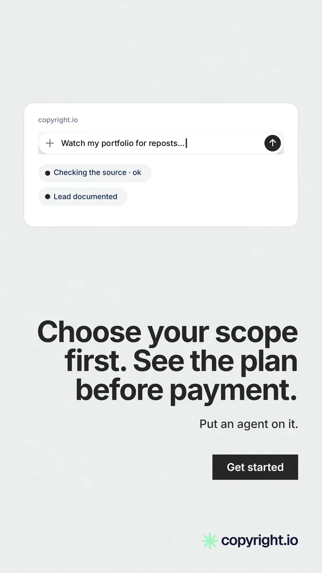 Instagram story for copyright.io: "Choose your scope first. See the plan before payment." Swiss style, right layout, light palette in white, grey.