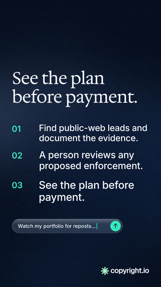 Instagram story for copyright.io: "See the plan before payment." Agentic glass style, numbered layout, dark palette in blue, black.