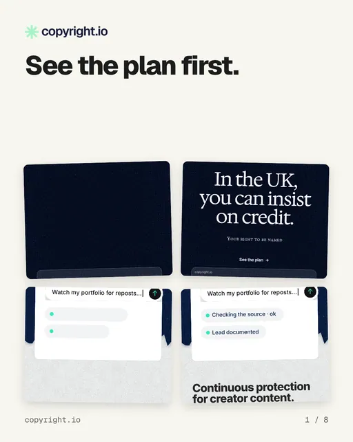 Carousel for copyright.io: "See the plan first.". Collection carousel, 8 slides, light palette.