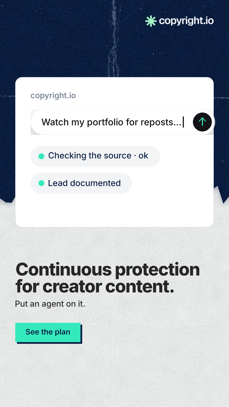 Instagram story for copyright.io: "Continuous protection for creator content." Paper trio style, bottom layout, light palette in white, blue, grey.