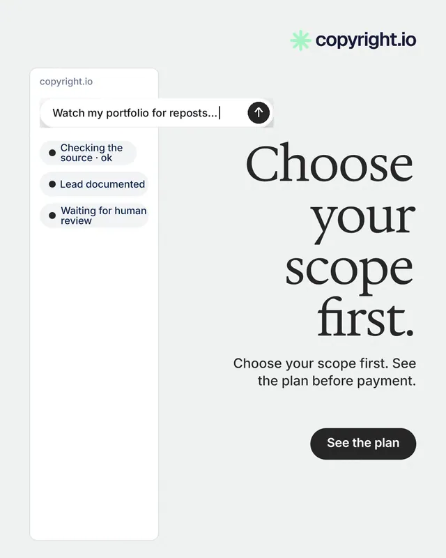 Instagram portrait post for copyright.io: "Choose your scope first." Data card style, right layout, light palette in white.