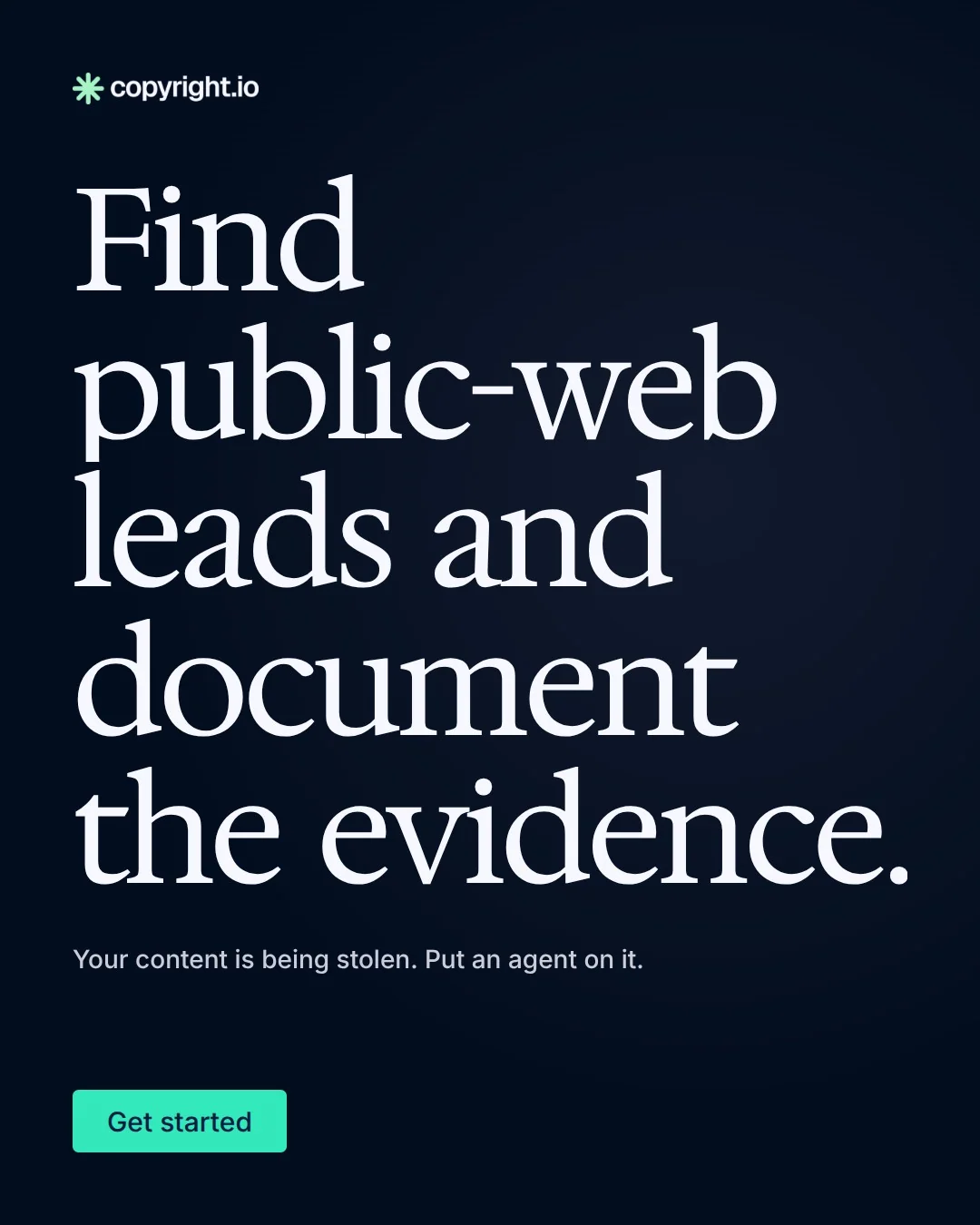 Video for copyright.io: "Find public-web leads and document the evidence.". Doc motion loop, 7.0 s, dark palette.