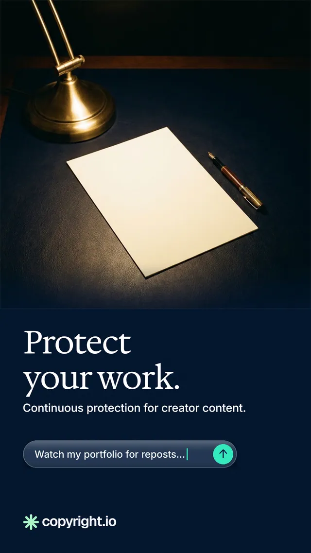 Instagram story for copyright.io: "Protect your work." Agentic glass style, bottom layout, dark palette in black, grey.