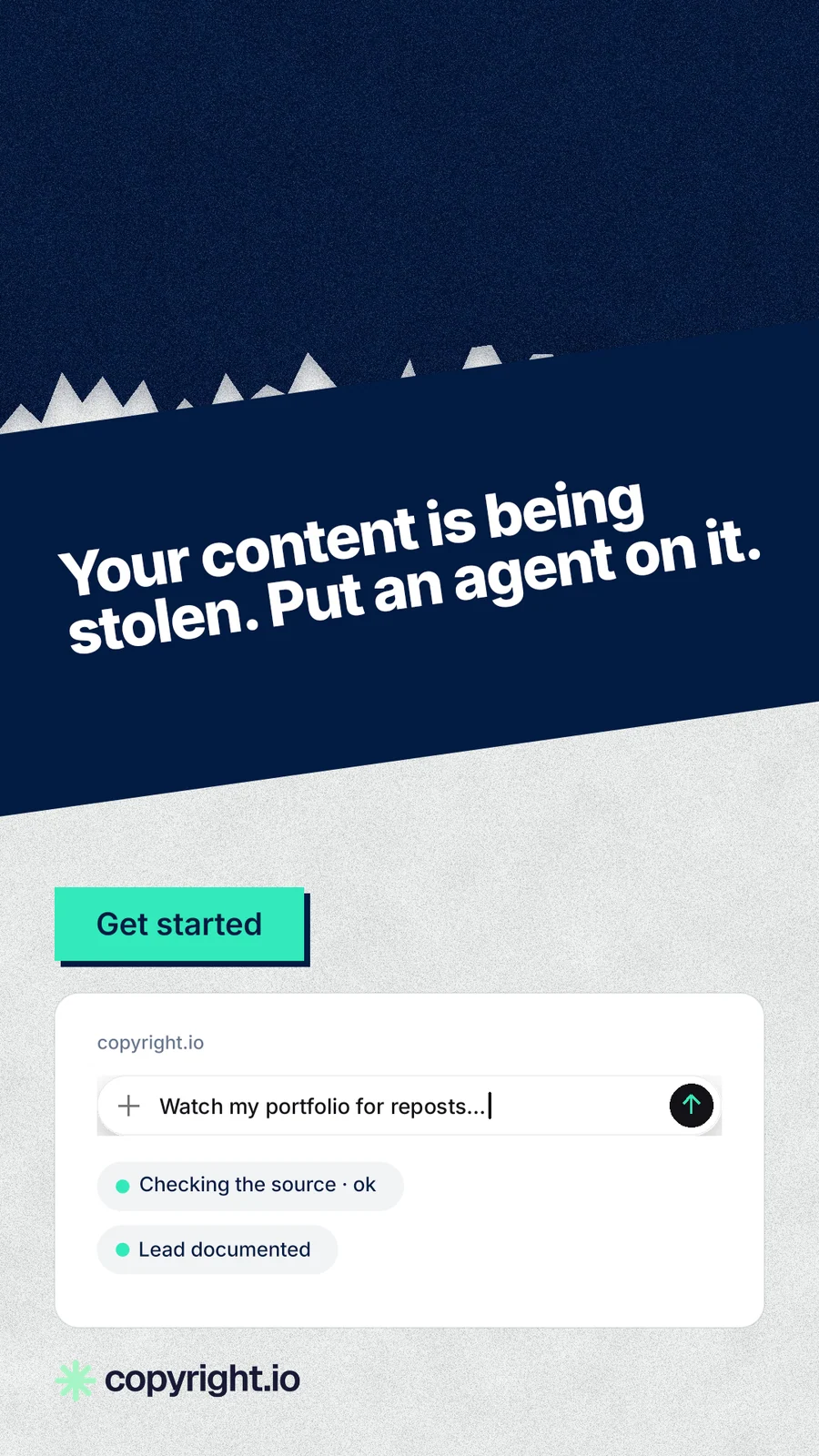 Instagram story for copyright.io: "Your content is being stolen. Put an agent on it." Paper trio style, diagonal layout, light palette in white, blue.