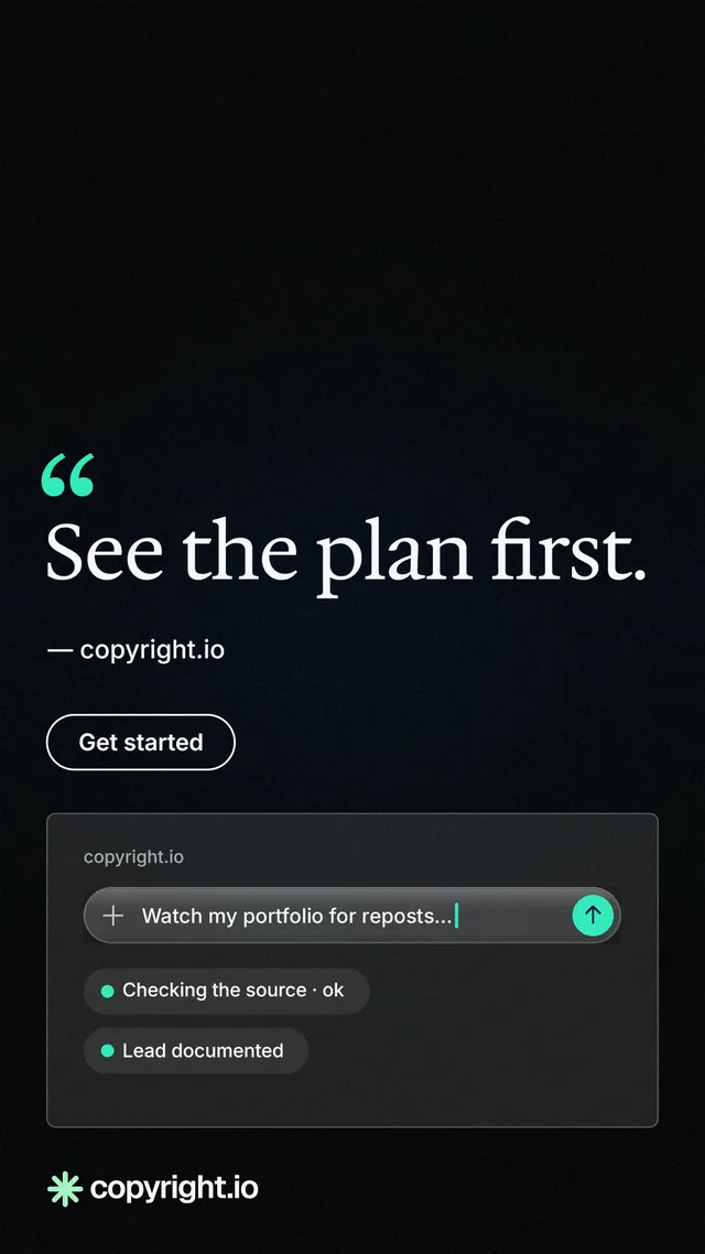 Instagram story for copyright.io: "See the plan first." Phosphor atlas style, quote layout, dark palette in black.