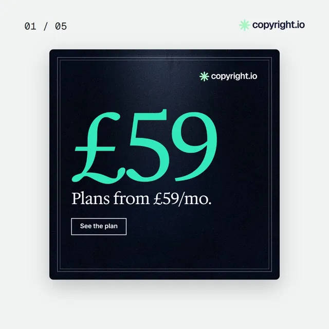 Video for copyright.io. Ad flipbook, 7.5 s, light palette.