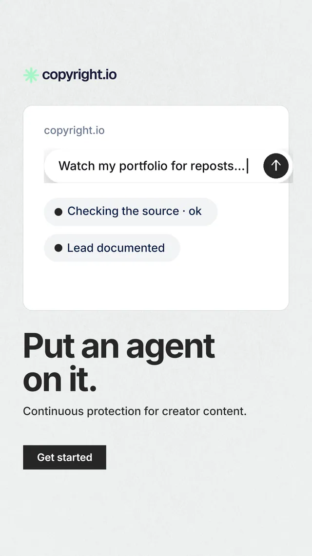Instagram story for copyright.io: "Put an agent on it." Swiss style, bottom layout, light palette in white, grey.