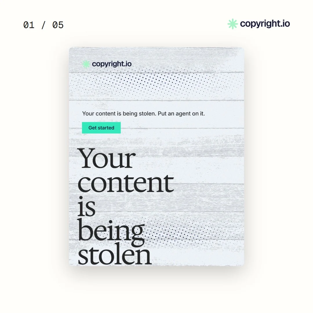 Video for copyright.io. Ad flipbook, 7.5 s, light palette.