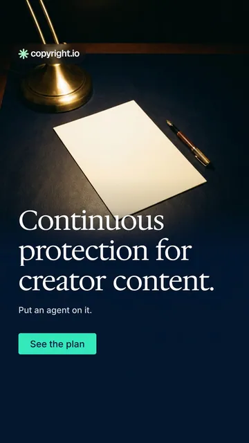 Video for copyright.io: "Continuous protection for creator content.". Doc motion loop, 7.0 s, dark palette.