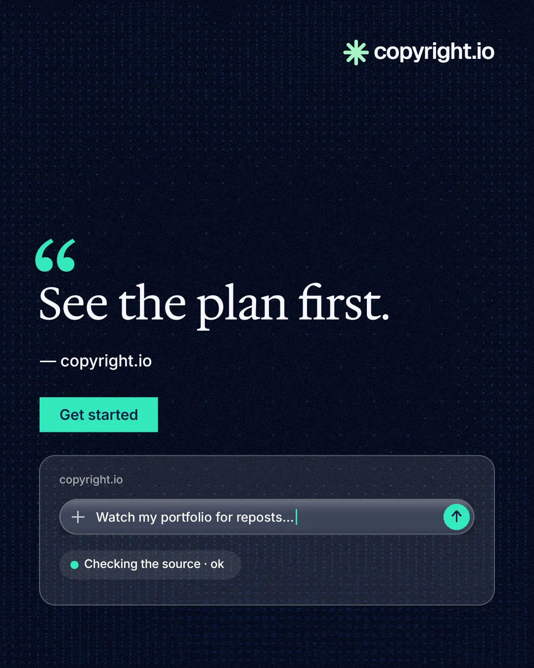 Instagram portrait post for copyright.io: "See the plan first." Swiss style, quote layout, dark palette in black, blue.