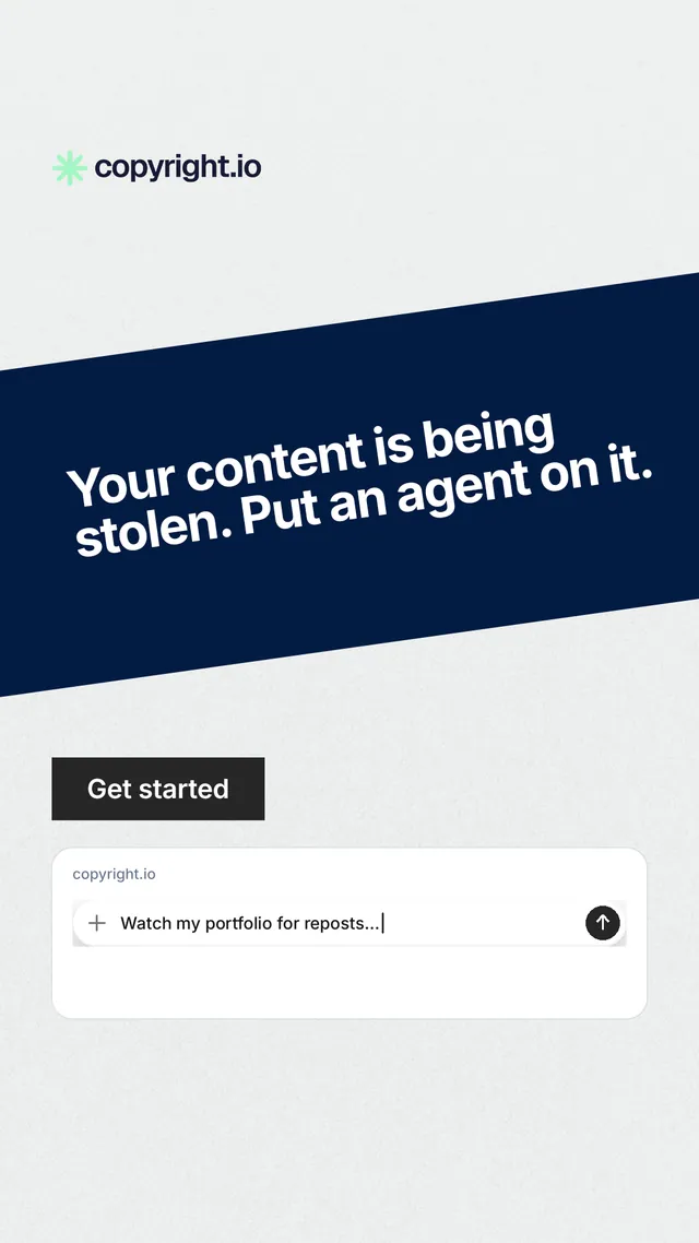 Instagram story for copyright.io: "Your content is being stolen. Put an agent on it." Swiss style, diagonal layout, light palette in white, blue, grey.