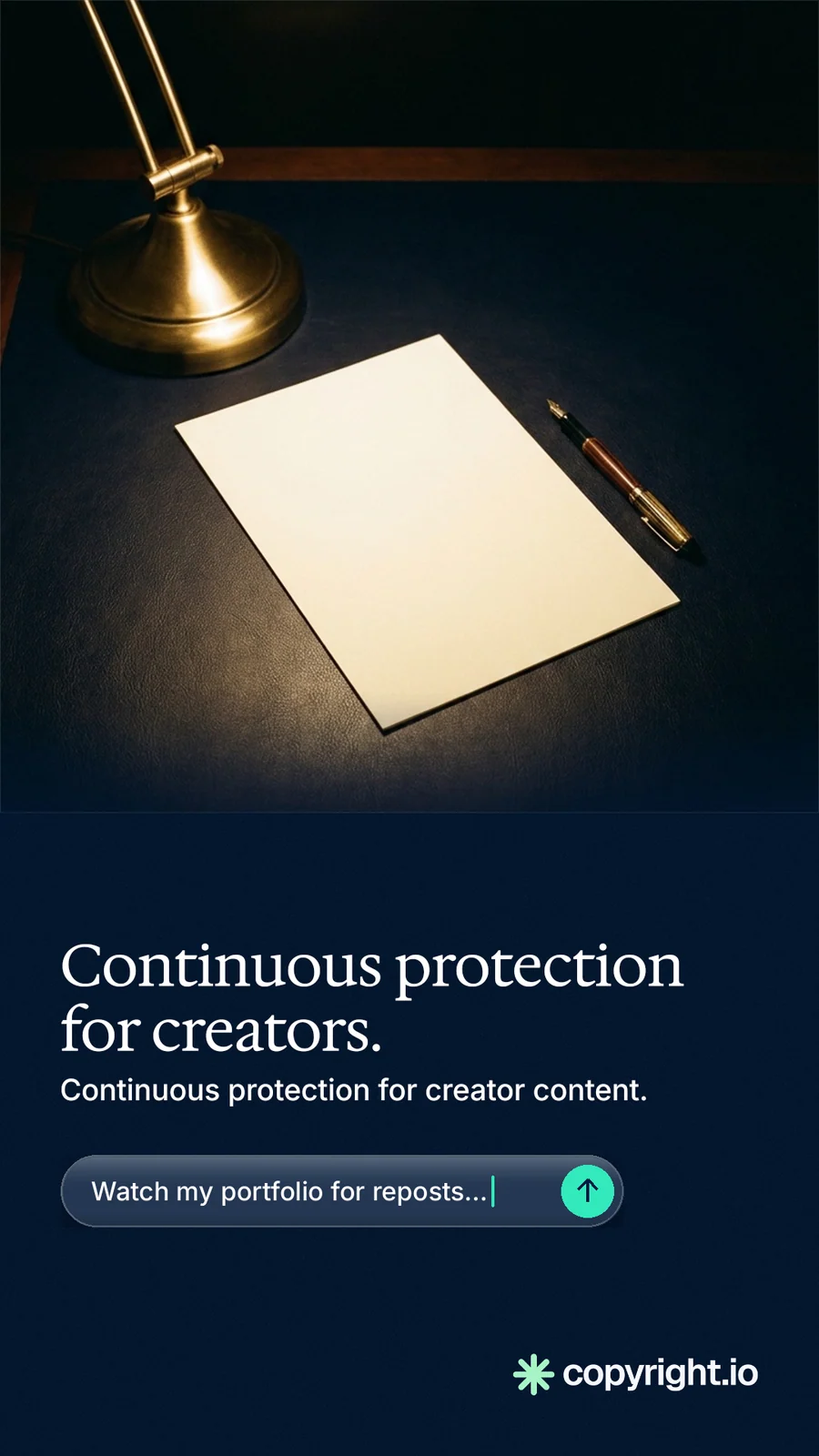 Instagram story for copyright.io: "Continuous protection for creators." Agentic glass style, bottom layout, dark palette in black, grey.