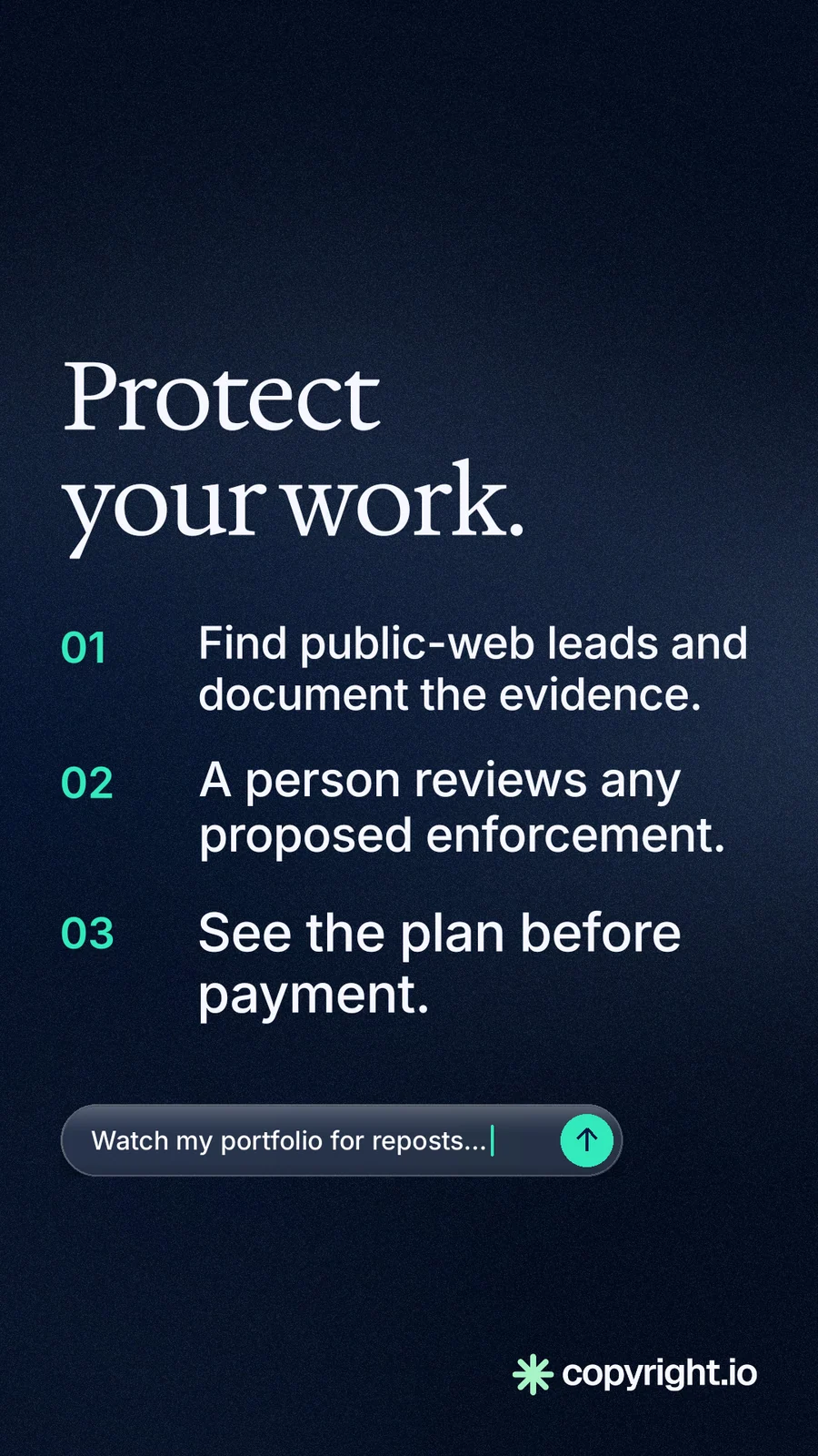 Instagram story for copyright.io: "Protect your work." Agentic glass style, numbered layout, dark palette in black, blue, grey.