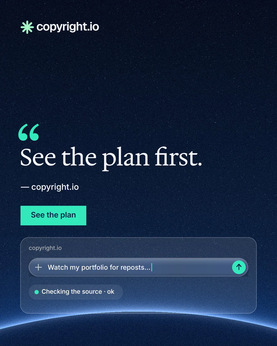 Instagram portrait post for copyright.io: "See the plan first." Swiss style, quote layout, dark palette in black, blue.