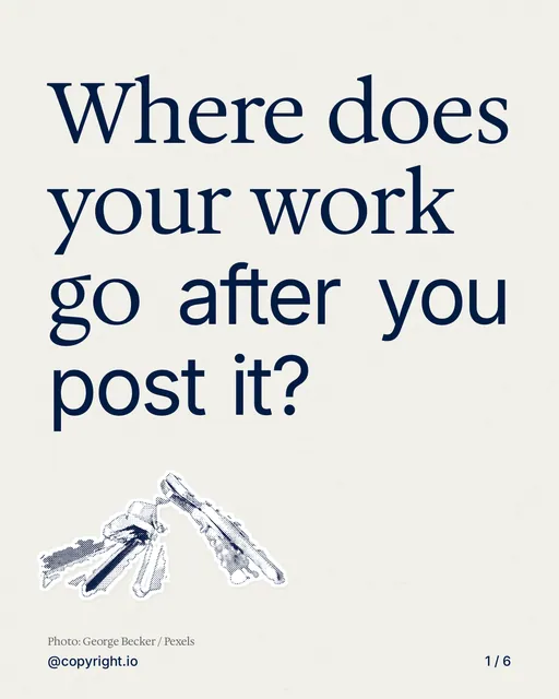 Carousel for copyright.io: "Where does your work go after you post it?". Cutout essay, 6 slides, light palette.
