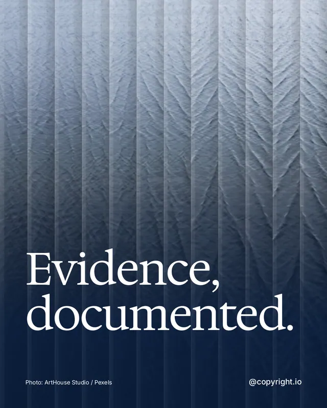 Instagram portrait post for copyright.io: "Evidence, documented." Photo style, technique:fluted glass layout, dark palette in blue, grey.