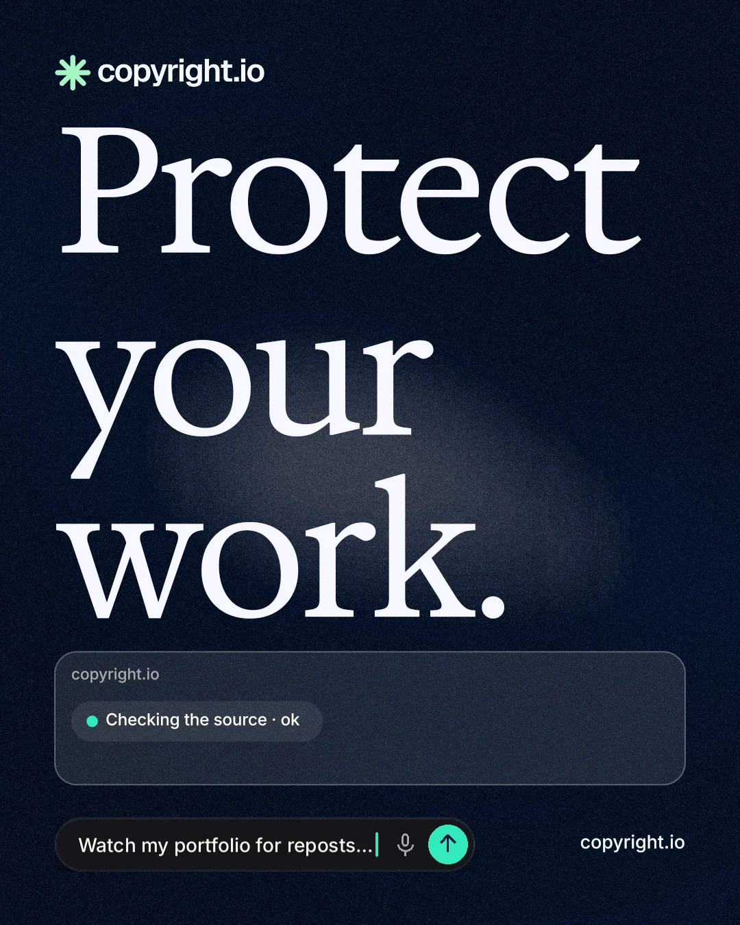 Instagram portrait post for copyright.io: "Protect your work." Thermal style, poster layout, dark palette in black, blue, grey.