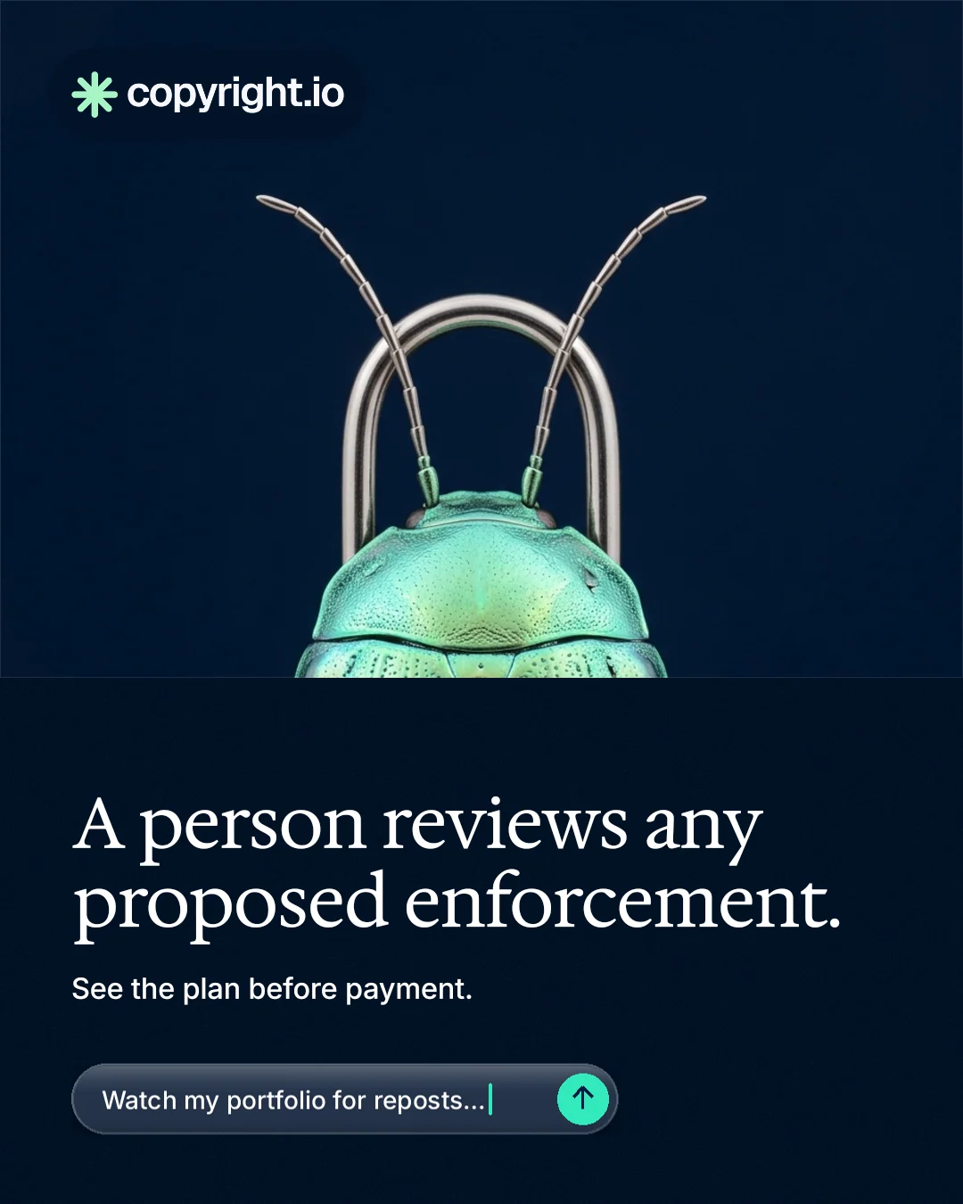 Instagram portrait post for copyright.io: "A person reviews any proposed enforcement." Agentic glass style, bottom layout, dark palette in black, blue.