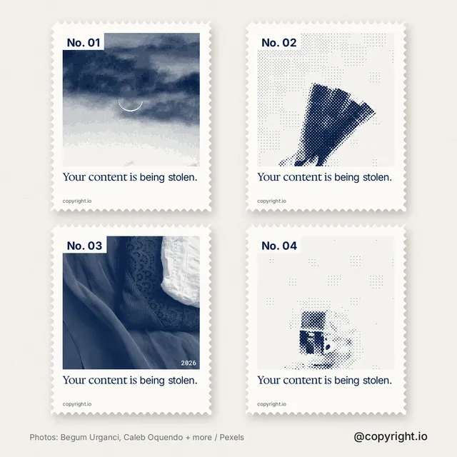 Instagram post for copyright.io: "Your content is being stolen." Sheet style, technique:stamp series layout, light palette in white, grey.