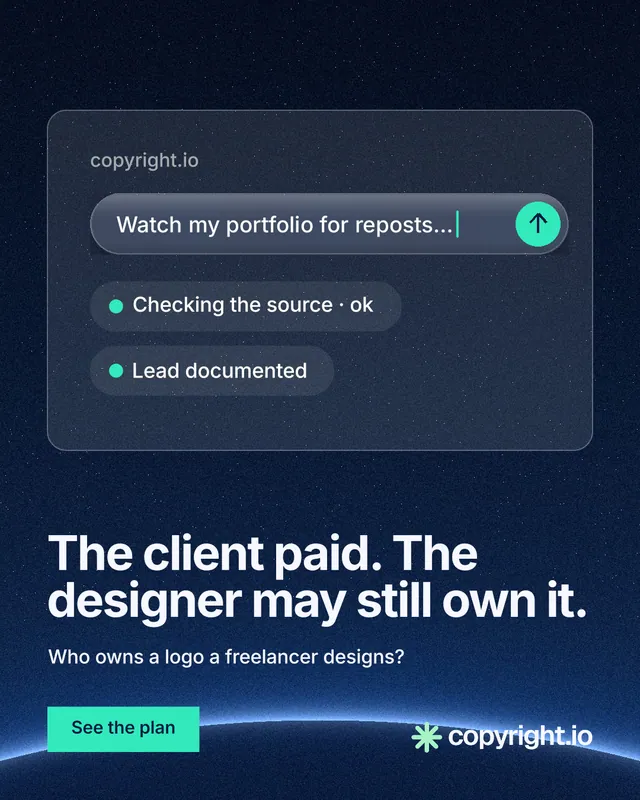 Instagram portrait post for copyright.io: "The client paid. The designer may still own it." Swiss style, bottom layout, dark palette in blue, black.