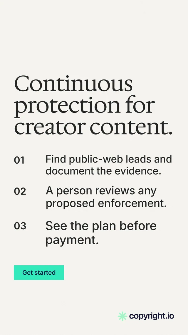 Instagram story for copyright.io: "Continuous protection for creator content." Swiss style, numbered layout, light palette in white, grey.