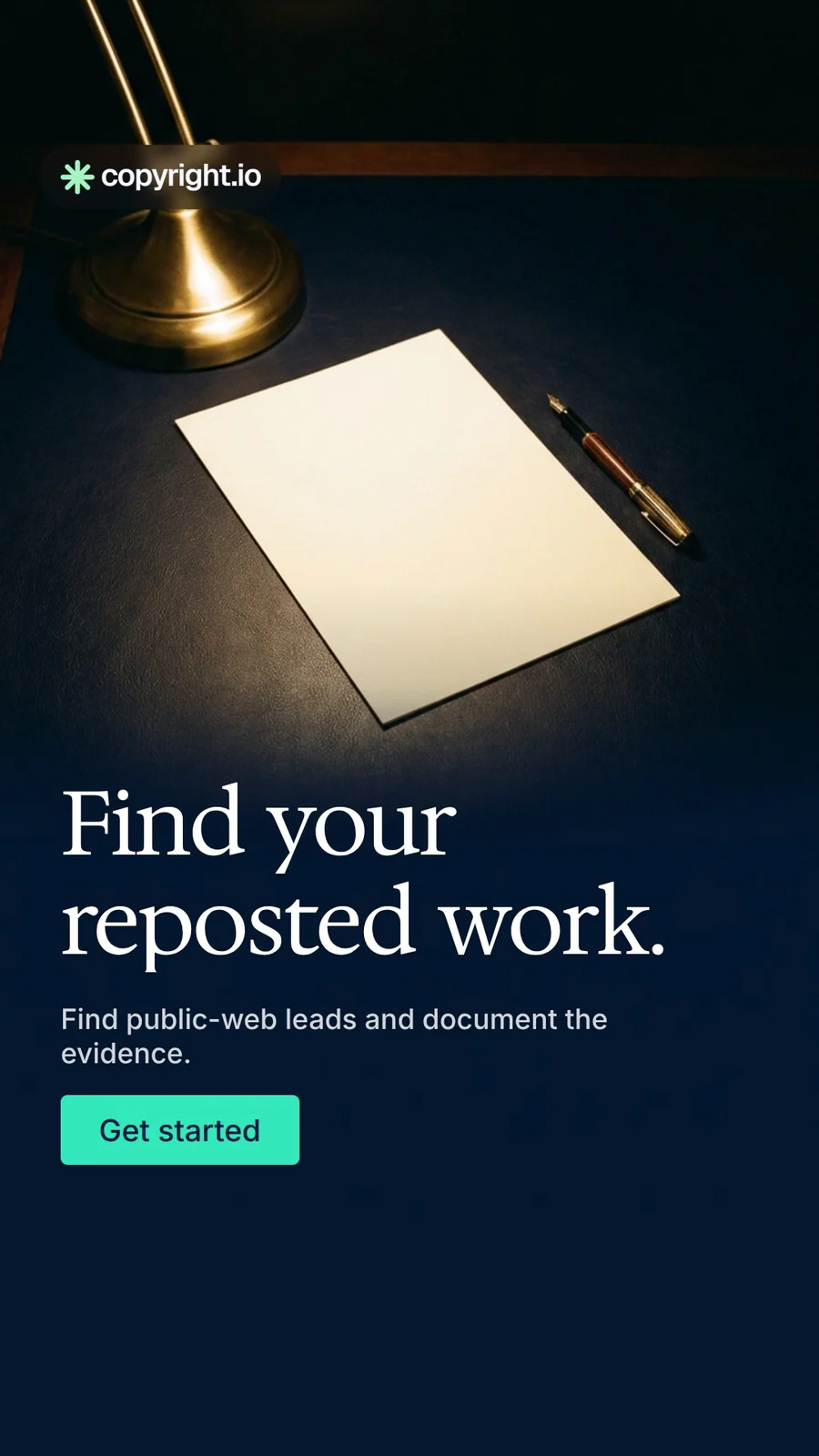 Video for copyright.io: "Find your reposted work.". Doc motion loop, 8.0 s, dark palette.