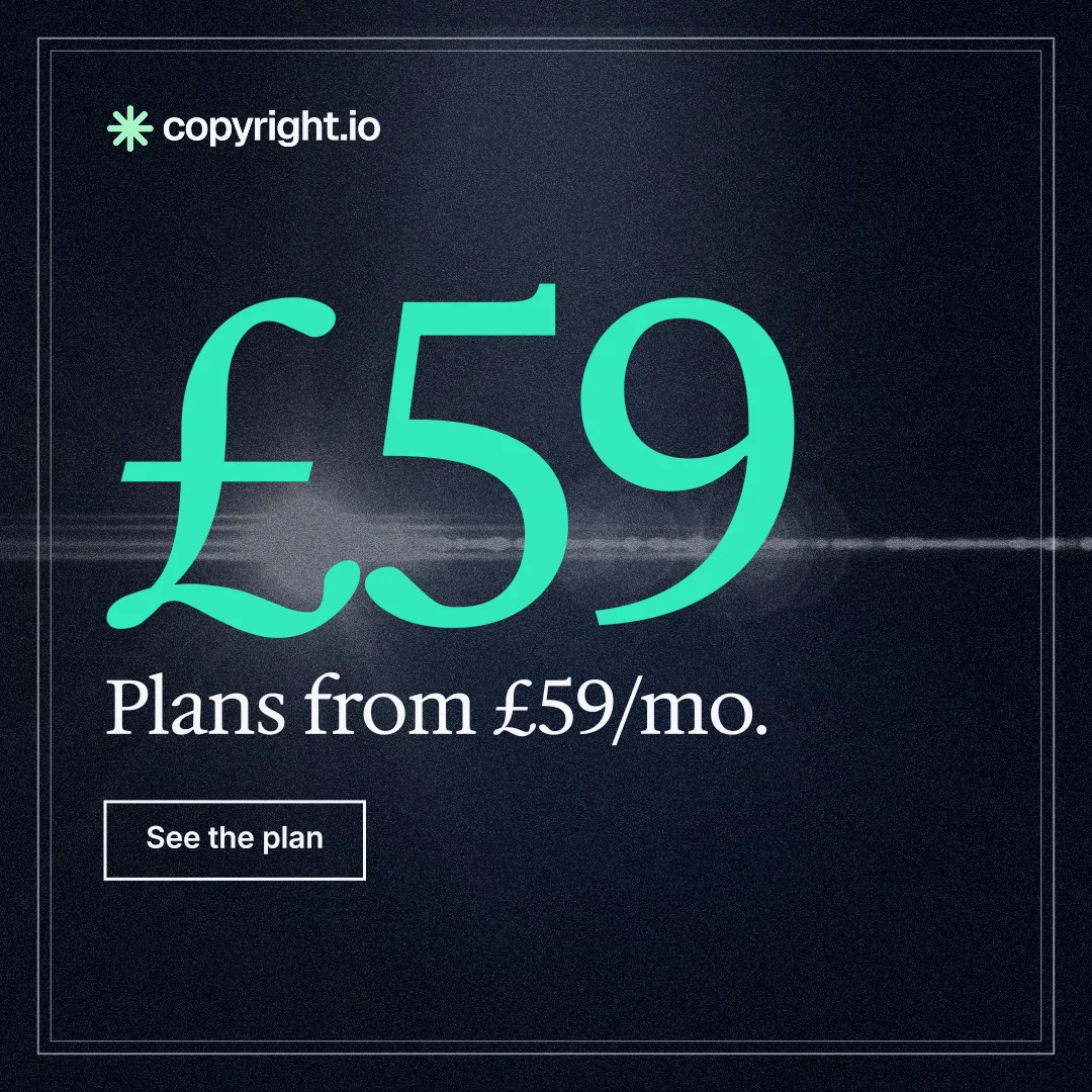 Instagram post for copyright.io: "Put an agent on it." Dark deco style, stat layout, dark palette in blue, black, teal.