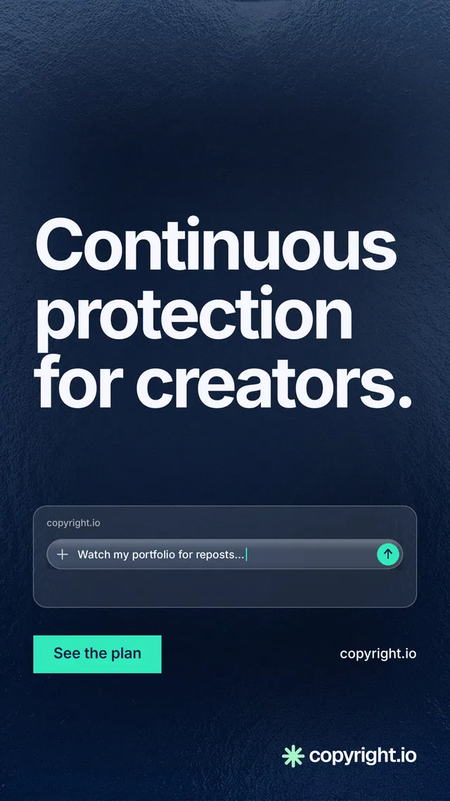 Instagram story for copyright.io: "Continuous protection for creators." Swiss style, poster layout, dark palette in blue, black, grey.
