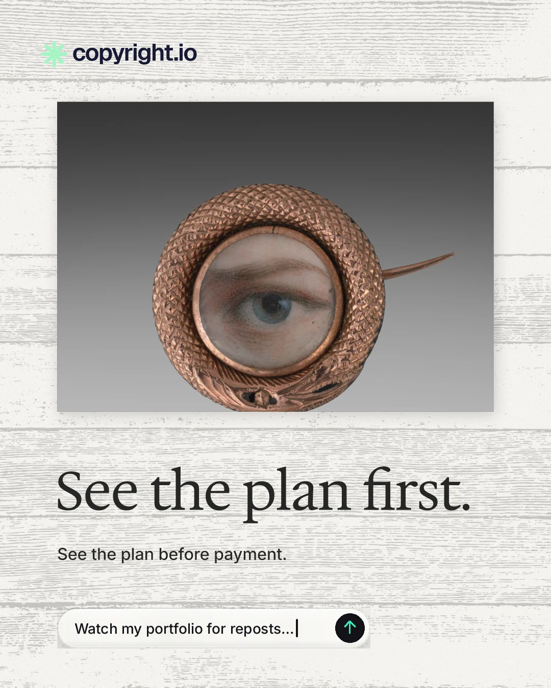 Instagram portrait post for copyright.io: "See the plan first." Agentic glass style, bottom layout, light palette in white, grey.