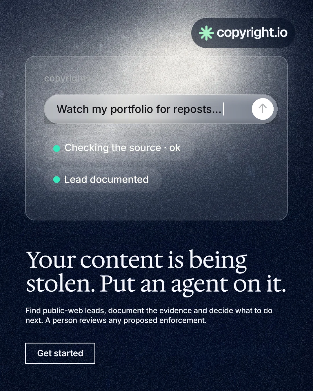 Instagram portrait post for copyright.io: "Your content is being stolen. Put an agent on it." Cyanotype style, bottom layout, dark palette in black, grey, blue.