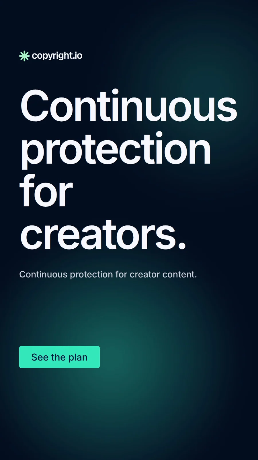 Video for copyright.io: "Continuous protection for creators.". Doc motion loop, 7.0 s, dark palette.