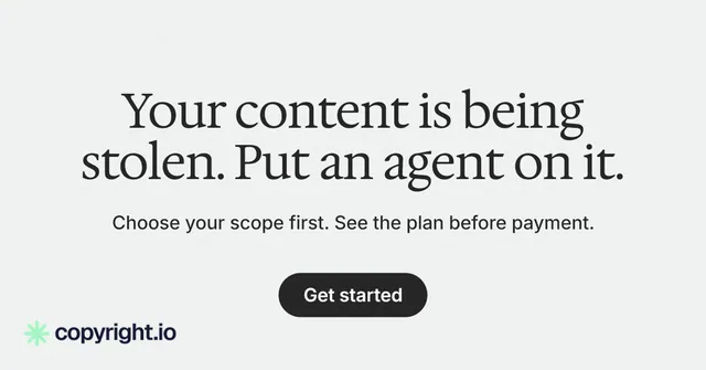 Social ad for copyright.io: "Your content is being stolen. Put an agent on it." Data card style, centred layout, light palette in white.