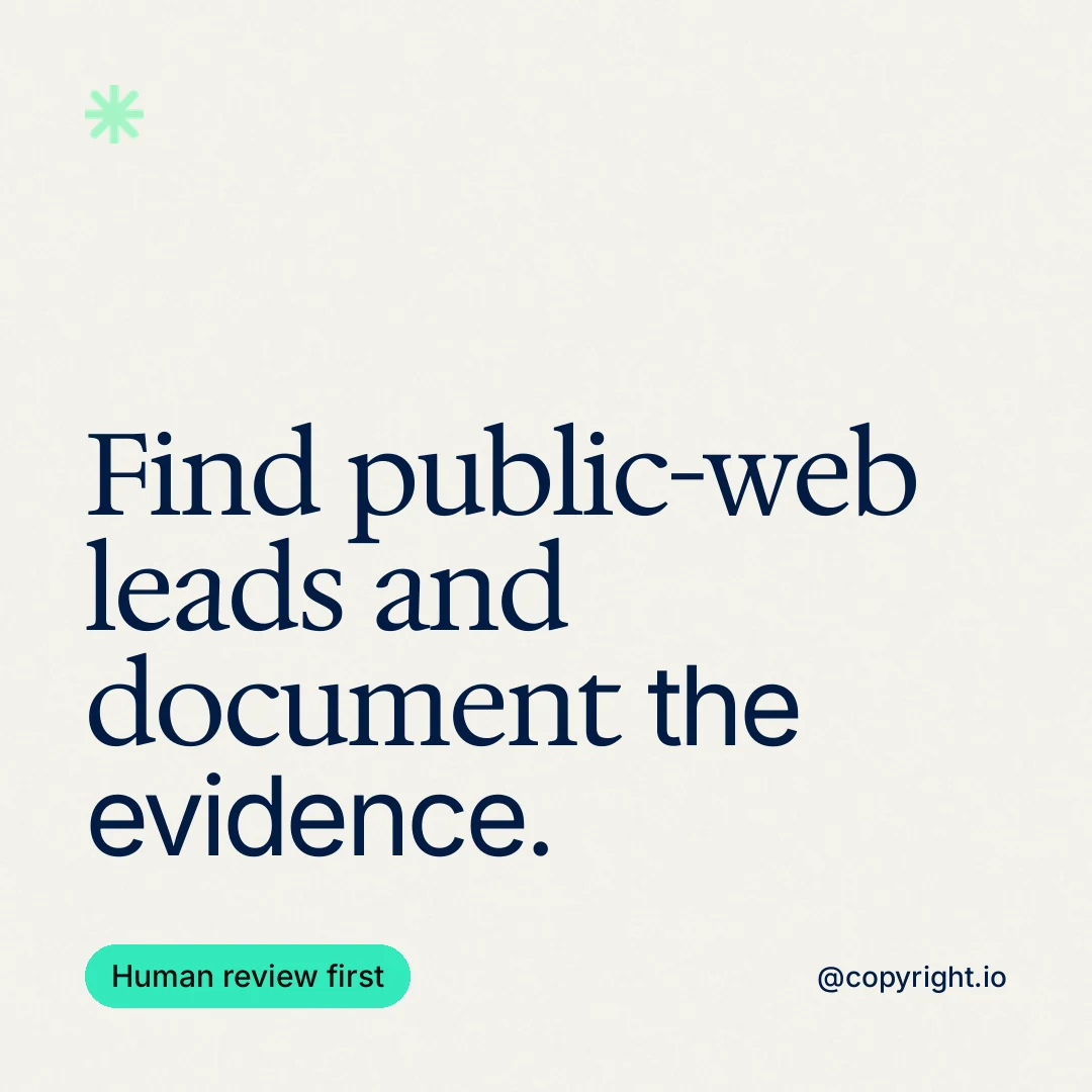 Instagram post for copyright.io: "Find public-web leads and document the evidence." Caption style, technique:mixed type lockup layout, light palette in white, grey.