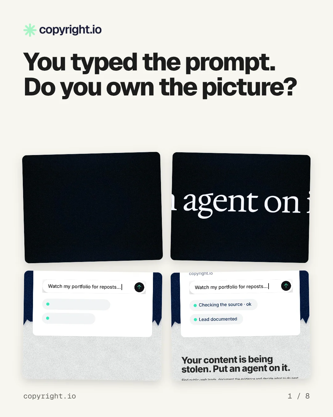 Carousel for copyright.io: "You typed the prompt. Do you own the picture?". Collection carousel, 8 slides, light palette.