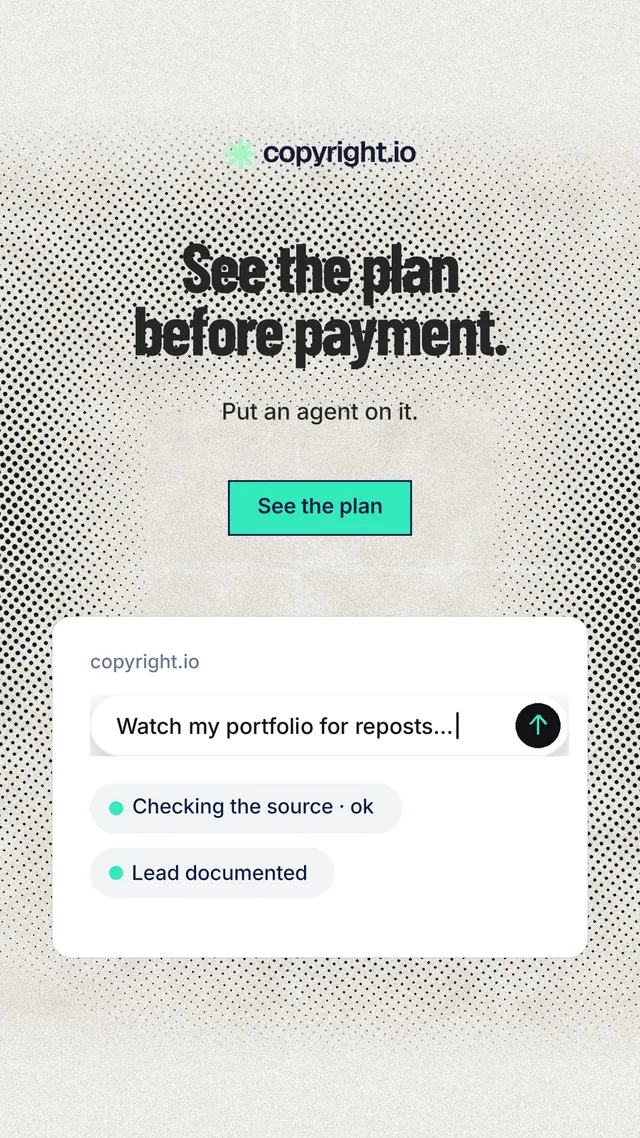 Instagram story for copyright.io: "See the plan before payment." Ink sticker style, centred layout, light palette in white, grey.