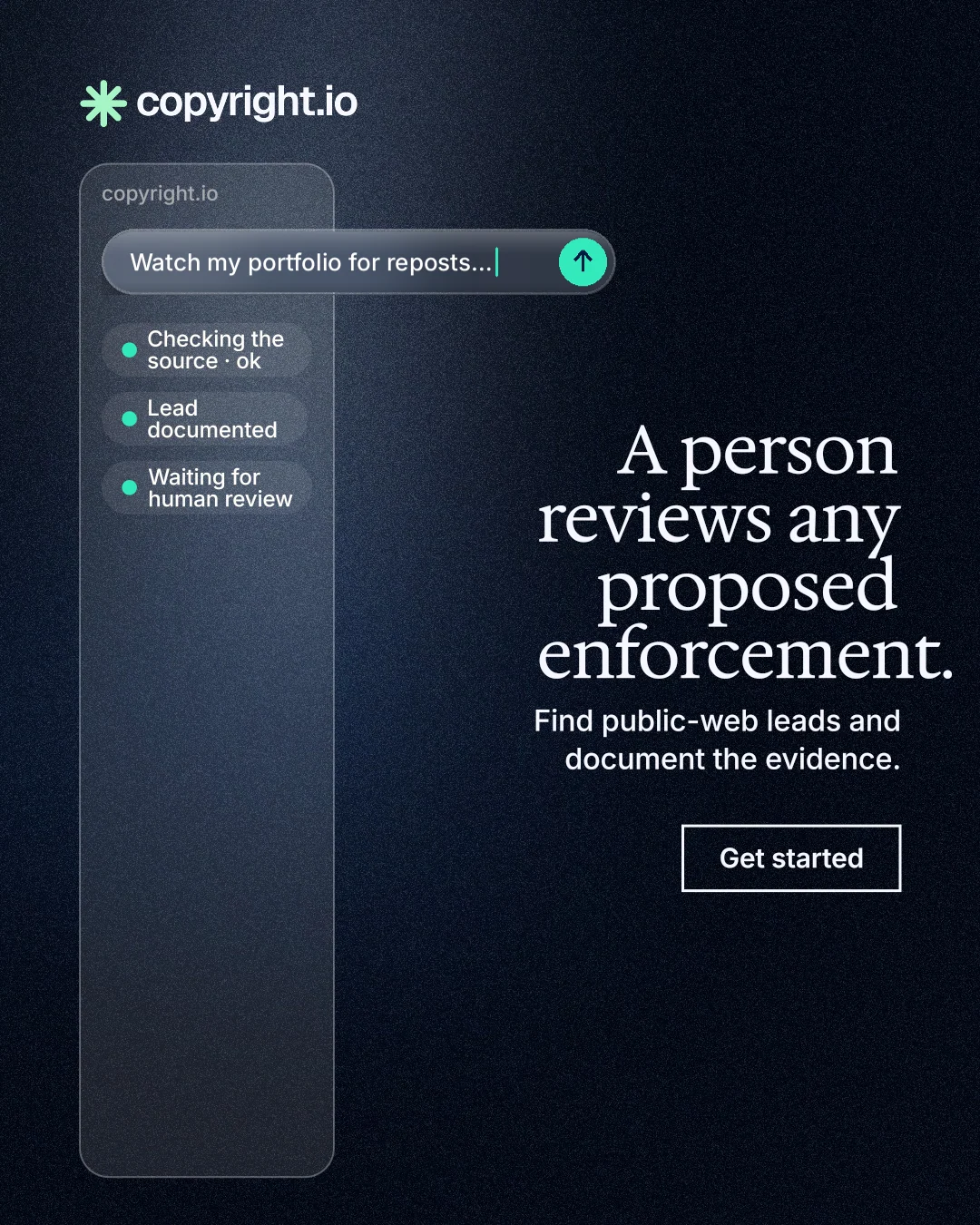 Instagram portrait post for copyright.io: "A person reviews any proposed enforcement." Dark deco style, right layout, dark palette in blue, black, grey.