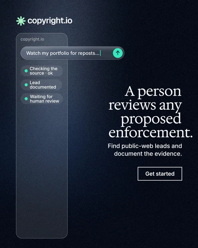 Instagram portrait post for copyright.io: "A person reviews any proposed enforcement." Dark deco style, right layout, dark palette in blue, black, grey.