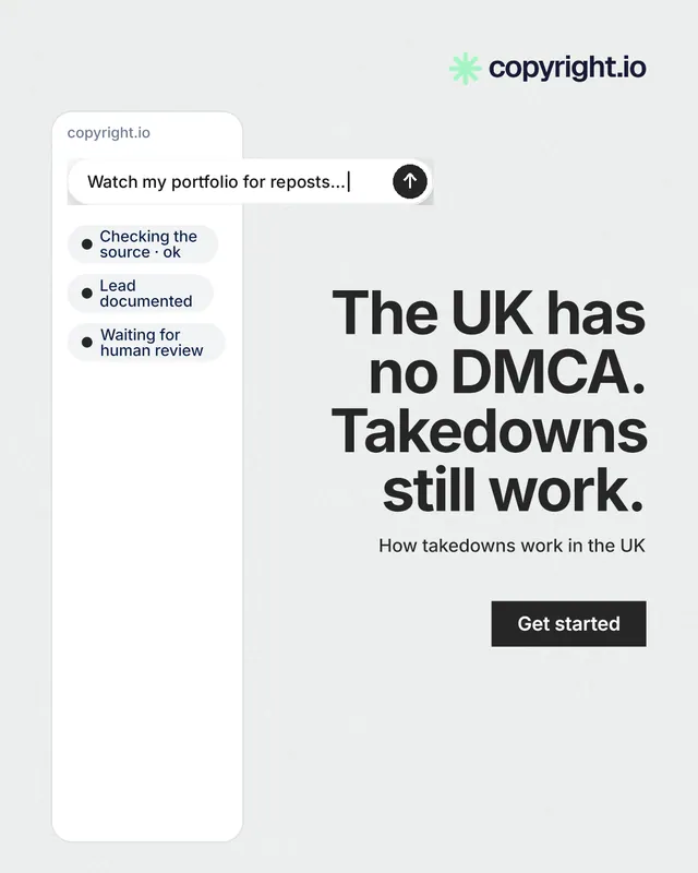 Instagram portrait post for copyright.io: "The UK has no DMCA. Takedowns still work." Swiss style, right layout, light palette in white, grey.