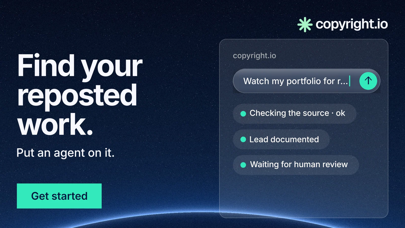 Landscape graphic for copyright.io: "Find your reposted work." Swiss style, bottom layout, dark palette in blue, black, teal.