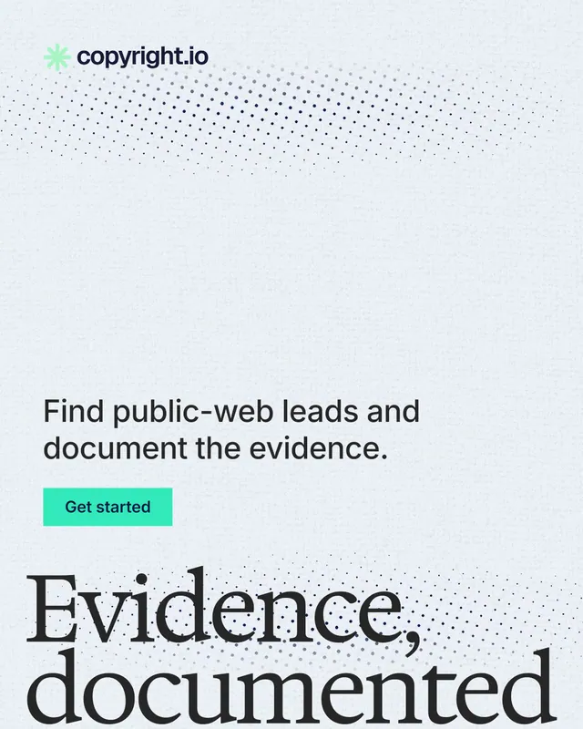 Instagram portrait post for copyright.io: "Evidence, documented." Swiss style, oversized layout, light palette in white, grey.