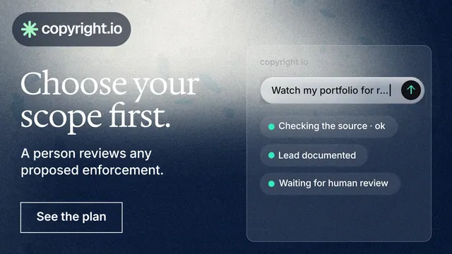 Landscape graphic for copyright.io: "Choose your scope first." Cyanotype style, bottom layout, dark palette in blue, grey, white.