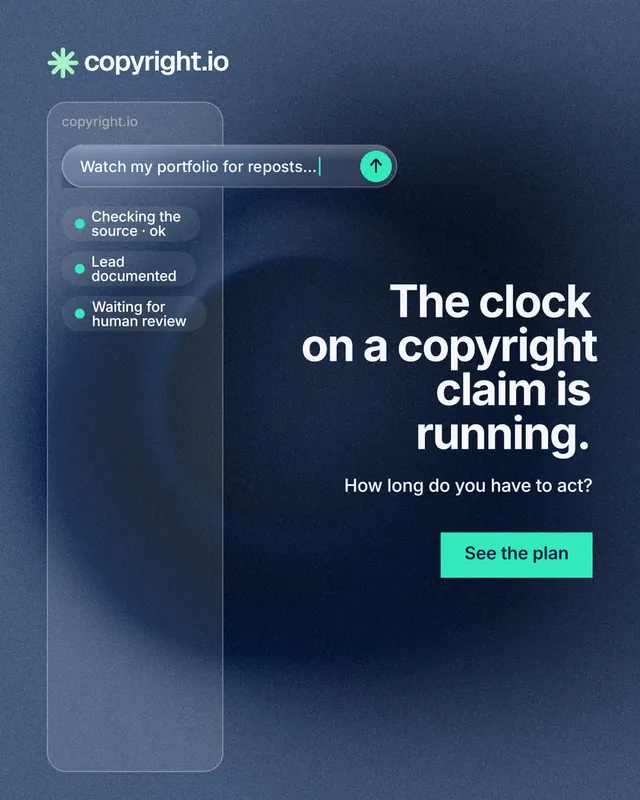 Instagram portrait post for copyright.io: "The clock on a copyright claim is running." Swiss style, right layout, dark palette in blue.