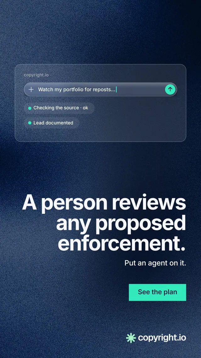 Instagram story for copyright.io: "A person reviews any proposed enforcement." Swiss style, right layout, dark palette in blue, black, grey.