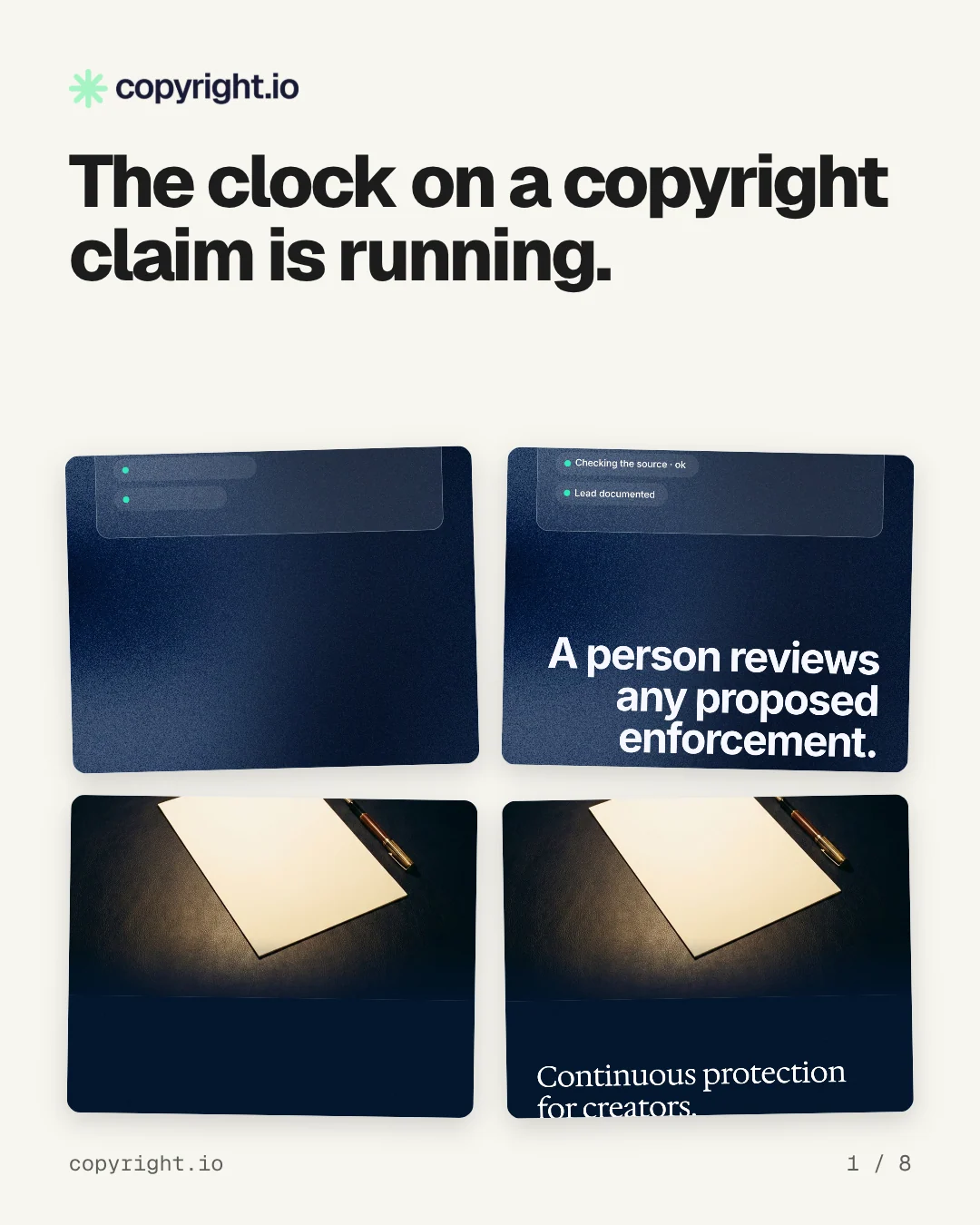 Carousel for copyright.io: "The clock on a copyright claim is running.". Collection carousel, 8 slides, light palette.