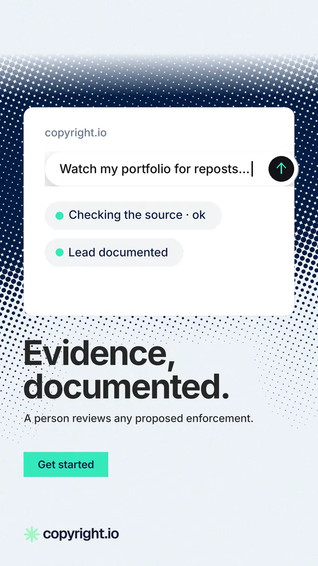 Instagram story for copyright.io: "Evidence, documented." Swiss style, bottom layout, light palette in white, blue, grey.